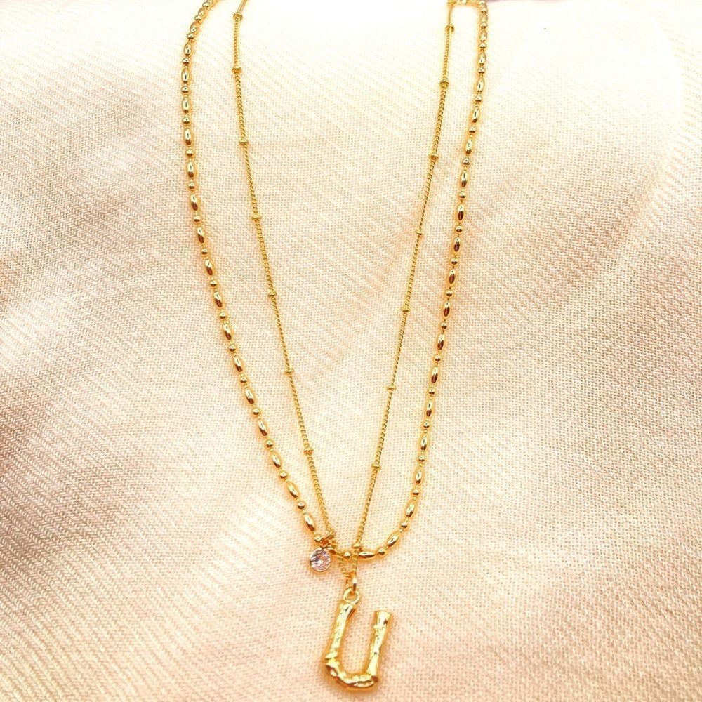 Gold Layered Necklace Double Strand Initial U Charm Multistrand Necklace